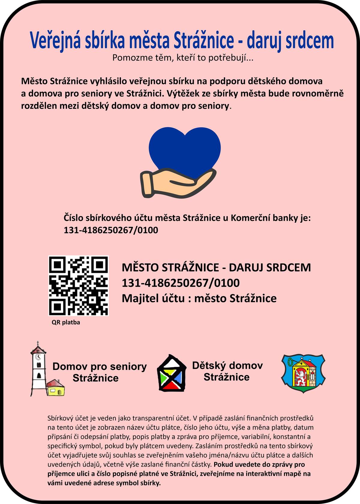 Včera, 30. 11., při první adventní neděli, jsme se společně sešli na slavnostním rozsvěcení vánočního stromu na náměstí Svobody. Součástí programu bylo i představení velkého překvapení letošního adventu – veřejné sbírky DARUJ SRDCEM, která podpoří Dětský domov Strážnice a Domov pro seniory Strážnice. 💖 Plakát sbírky najdete také přímo na malém plotku u našeho vánočního stromu. 📌 Veškeré podrobnosti o sbírce najdete na webu města 👉 https://www.straznice-mesto.cz/daruj%2Dsrdcem%2Dverejna%2Dsbirka%2Dmesta%2Dstraznice/d-24852 💰 Chcete sledovat, kolik je aktuálně na sbírkovém účtu? Transparentní účet je otevřený všem – přehled plateb můžete sledovat zde: 👉 https://www.kb.cz/cs/transparentni-ucty/131-4186250267  📍Interaktivní mapu najdete na odkaze níže: 👉https://www.google.com/maps/d/u/0/viewer?mid=1IsMhq9UdrkXuhgagXMMOBD_ODnysip8&hl=cs&ll=48.90170741452909%2C17.31972231410144&z=16 Děkujeme všem, kteří se rozhodnou pomoci. Každý příspěvek má smysl❤️ Sbírka potrvá do neděle 21. 12. 2025  #DarujSrdcem #MěstoStrážnice #AdventVeStrážnici #PomáhámeSpolečně