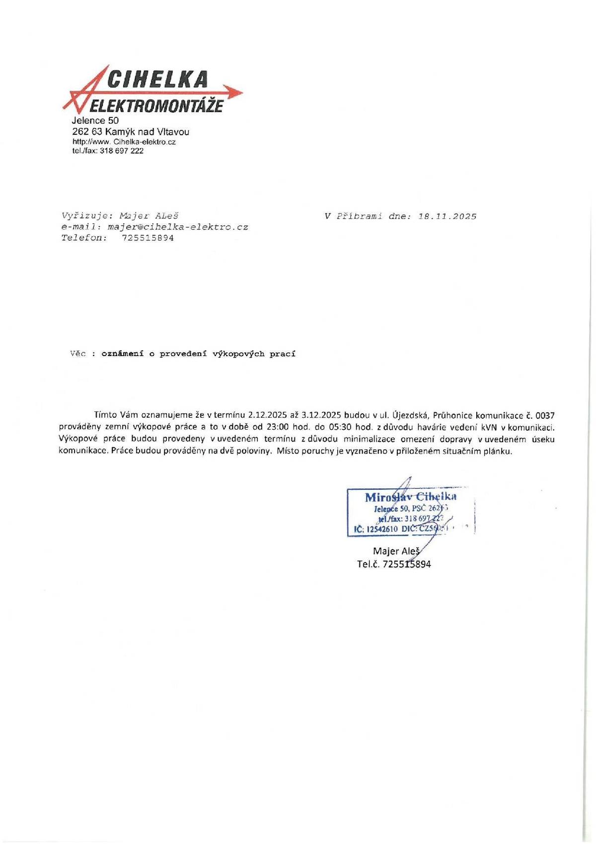 Oznámení o provedení výkopových prací v ul. Újezdská, Průhonice