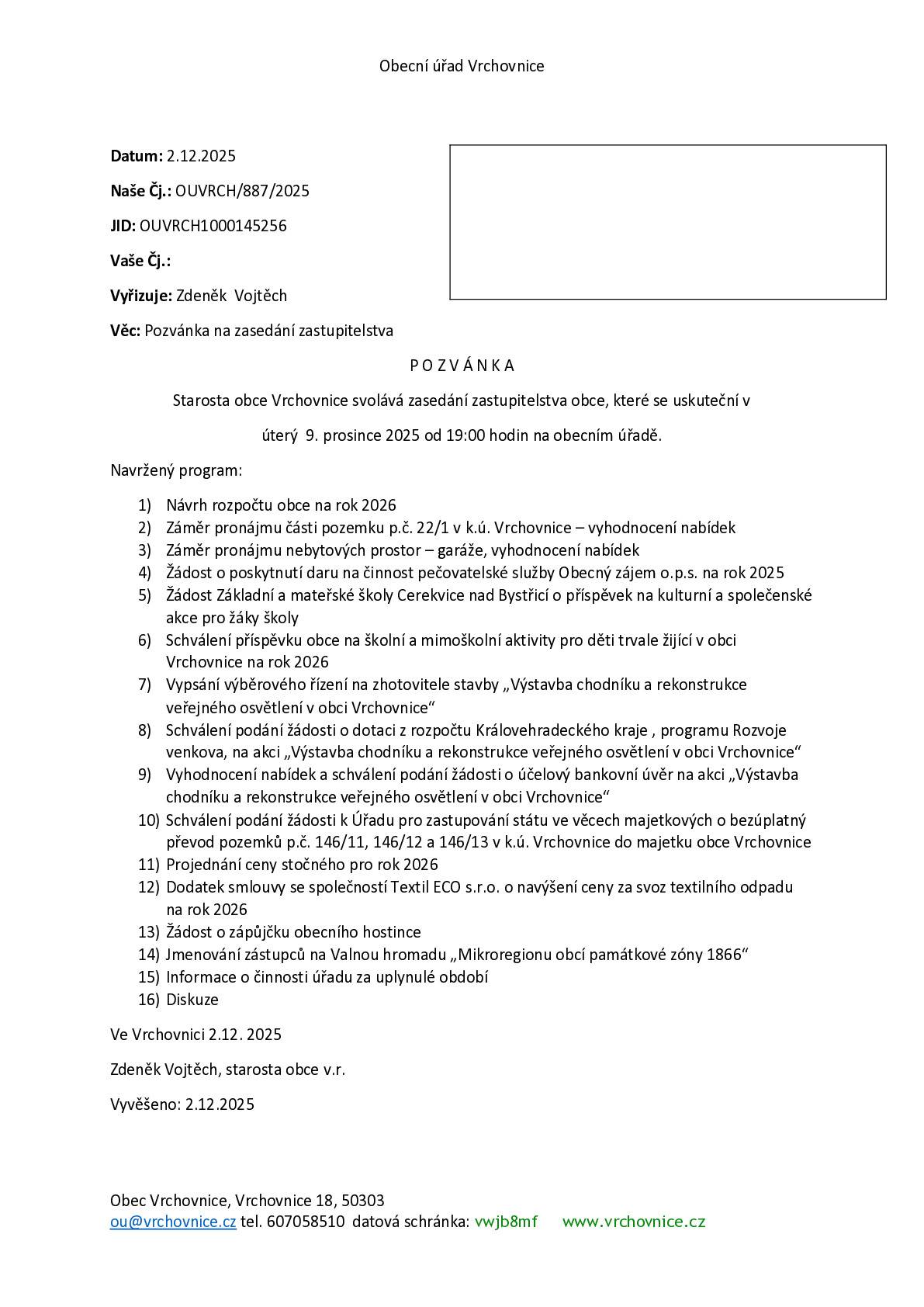 Pozvánka na zasedání obecního zastupitelstva konané dne 9.12.2025