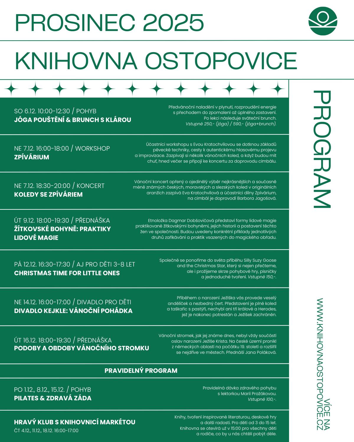 Srdečně zveme na prosincové akce v obecní knihovně.  Doporučujeme rezervace místa na webu knihovny.