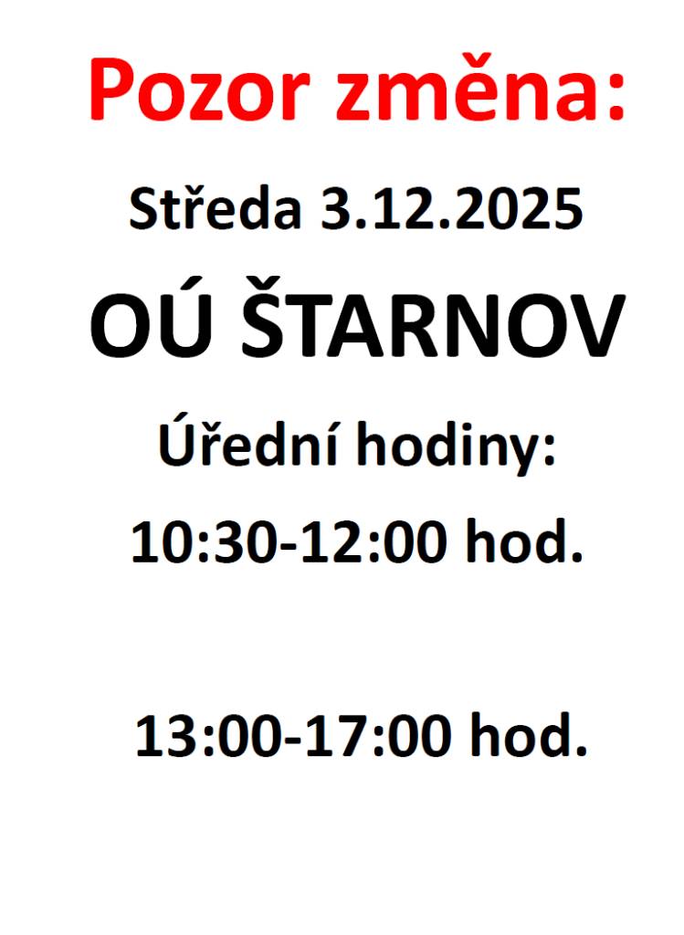 Změna úředních hodin OÚ Štarnov ve středu 3.12.2025