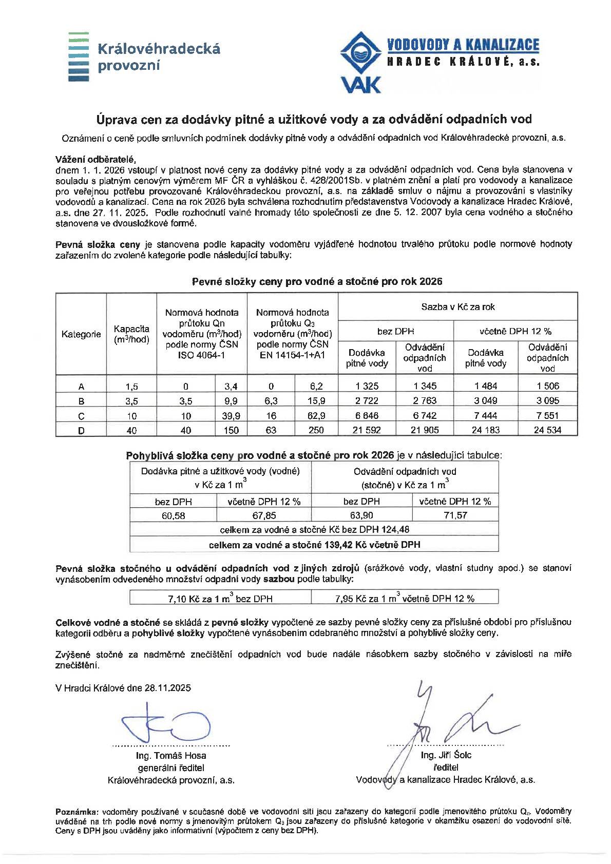 Oznámení ceny vodného na rok 2026