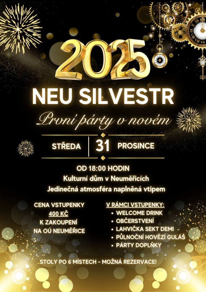Kulturní dům v Neuměřicích vás zve na silvestrovskou oslavu, která se uskuteční 31. prosince 2025 od 18:00 hodin. Těšit se můžete na jedinečnou atmosféru plnou vtipu a zábavy, která vám přinese příjemné zážitky a vzpomínky. Cena vstupenky je 400 Kč a zahrnuje welcome drink. Pro návštěvníky bude přip