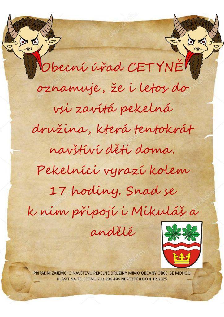 Obec Cetyně předává oznámení pekelné družiny, která navštíví naší obec