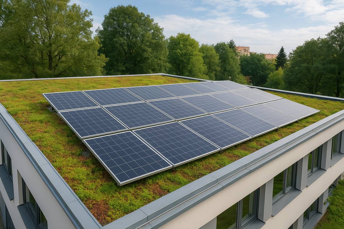 CHODOV (2. 12. 2025) - Chodov podnikl další krok směrem k vybudování moderní biosolární střechy na budově 3. základní školy v Husově ulici. Město podalo žádost o dotaci z Operačního programu životní prostředí, která by měla pokrýt značnou část nákladů. Biosolární střecha kombinuje vrstvu vegetace s fotovoltaickými panely. Odborníci tento typ řešení doporučují jako ekologický způsob využití plochých střech, který pomáhá snižovat náklady na energii a zároveň zvyšuje energetickou nezávislost budov. V první etapě chce Chodov realizovat právě „zelenou střechu“, na kterou by měly směřovat dotační prostředky. „Dotace by měla pokrýt až 85 % nákladů,“ uvedl starosta Patrik Pizinger a tím, že celkové výdaje města se nyní odhadují na zhruba 11 milionů korun včetně DPH. Pokud bude žádost úspěšná, naváže město druhou etapou – instalací fotovoltaických panelů. A také v tomto případě chce usilovat o dotační peníze. Biosolární střecha na škole je pro město pilotním projektem. Osvědčí-li se, plánuje radnice postupně vybudovat podobné solární elektrárny na zhruba dvaceti městských objektech. Úvodní fotografie vytvořena AI.