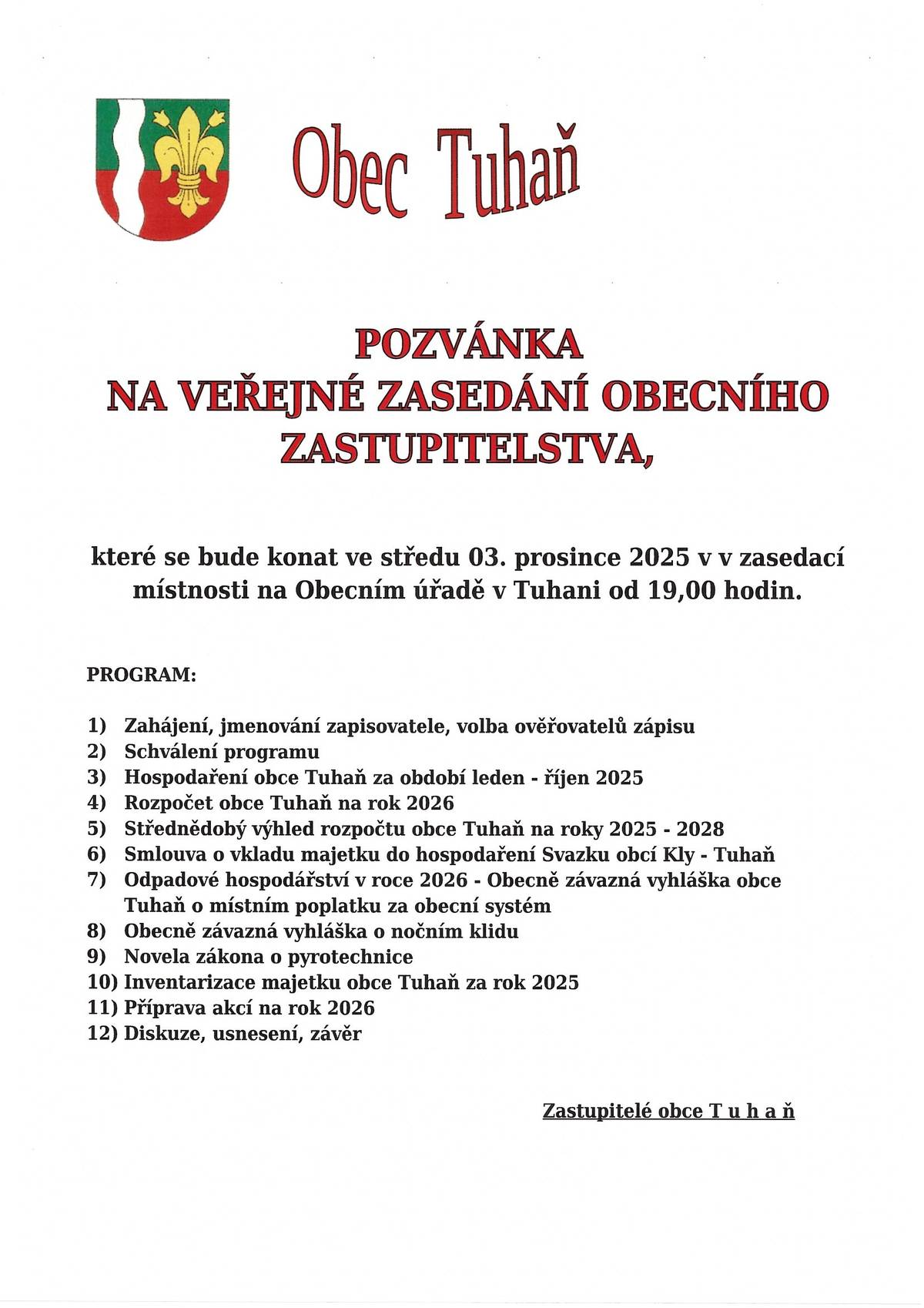 POZVÁNKA NA VEŘEJNÉ ZASEDÁNÍ OBECNÍHO ZASTUPITELSTVA - 3.12.2025