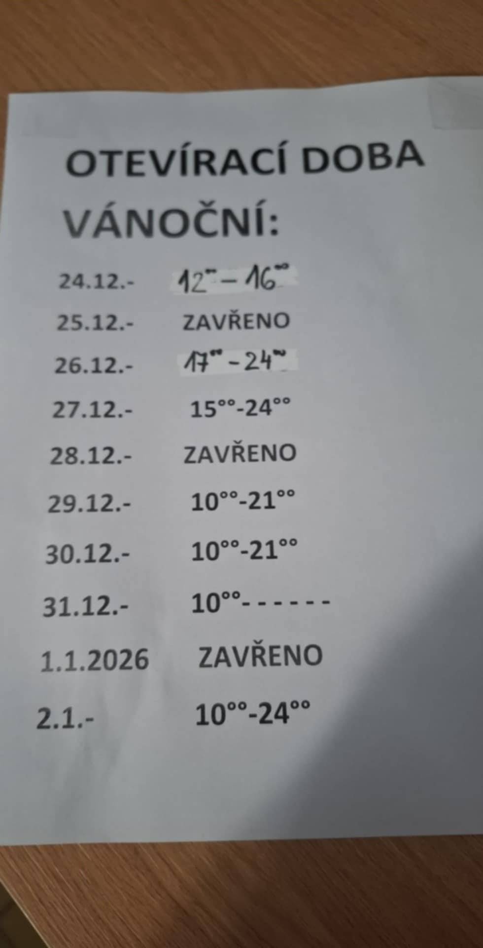 otevřeno bude podle rozpisu na foto