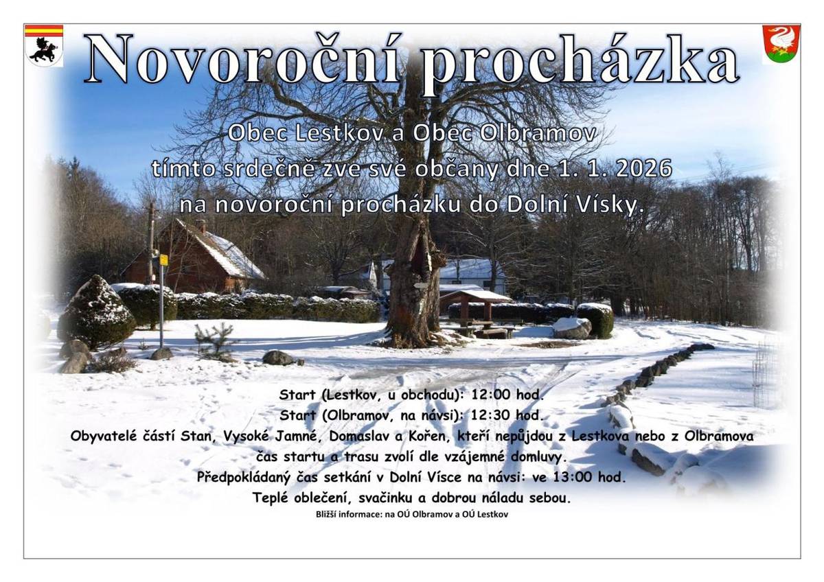Obec Lestkov a Obec Olbramov srdečně zvou na novoroční procházku do Dolní Vísky  1.1.2025