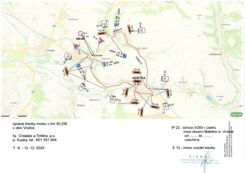 Uzavírka komunikace č. II/269 mezi Vruticí a Malešovem, od pondělí 8.12. do pátku 12.12.2025 - oprava viaduktu ve Vrutici!!!
