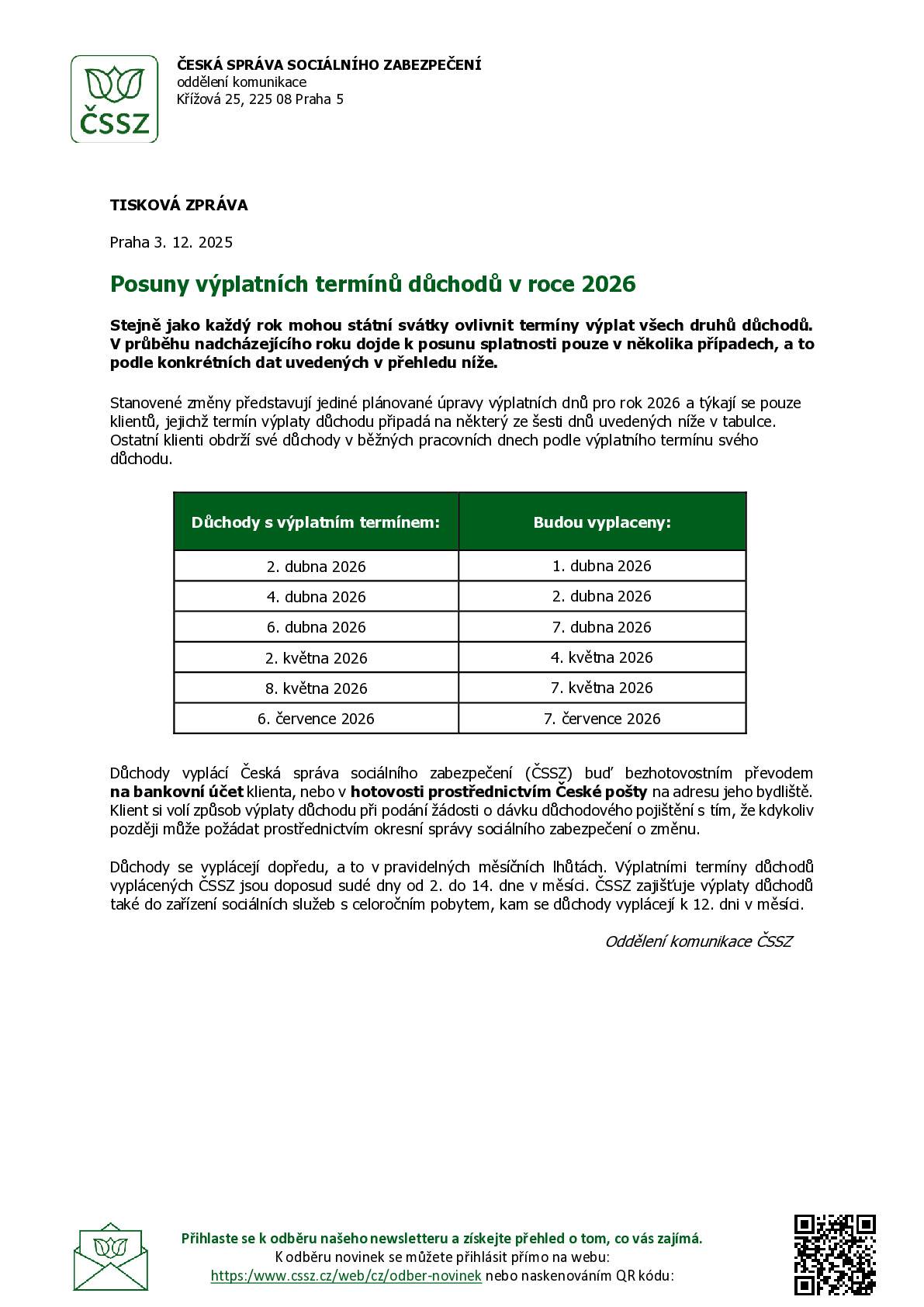 Stejně jako každý rok mohou státní svátky ovlivnit termíny výplat všech druhů důchodů. V průběhu nadcházejícího roku 2026 dojde k posunu splatnosti pouze v několika případech, a to podle konkrétních dat uvedených v přehledu níže. Česká správa sociálního zabezpečení