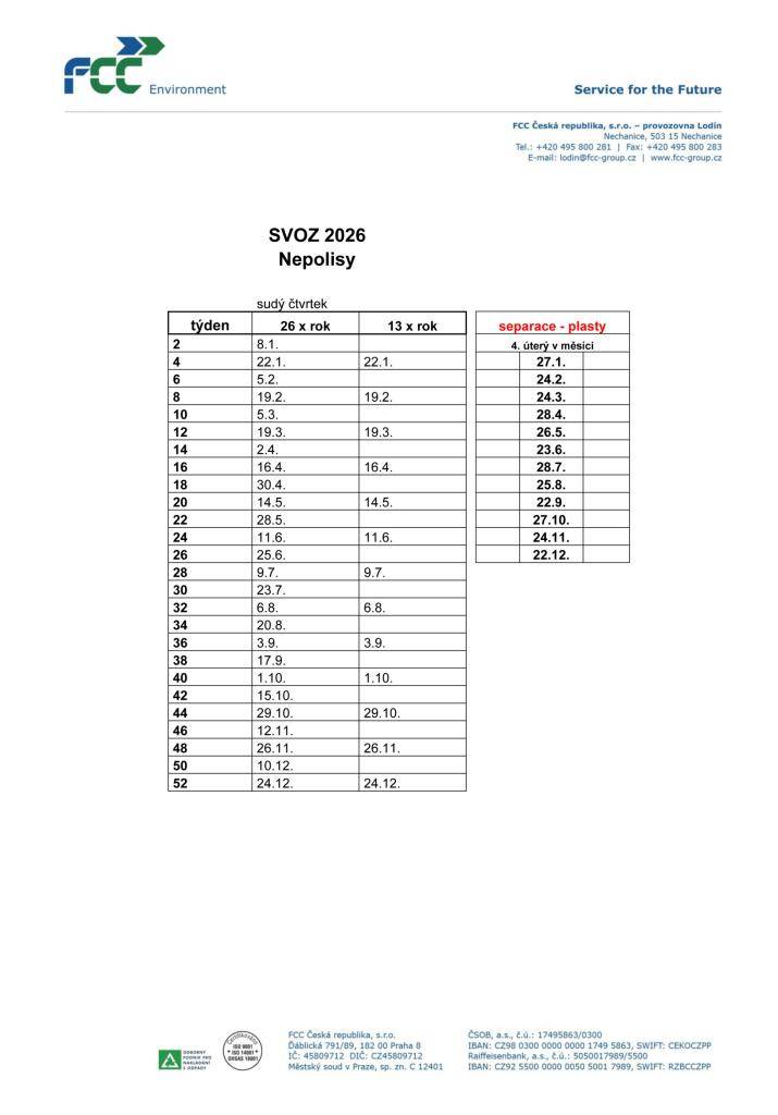 Zveřejňujeme termíny svozu odpadů od rodinných domů v roce 2026.