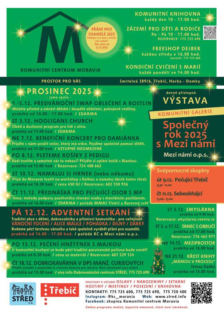 Komunitní centrum Moravia si pro Vás na prosinec 2025 připravil, dále nabízí prostory k užívání pro oslavy, narozeniny, setkání, hostiny a meetingy. K dispozici je také prostor pro posezení v knihovně. Změna programu je možná a kapacita je omezená.