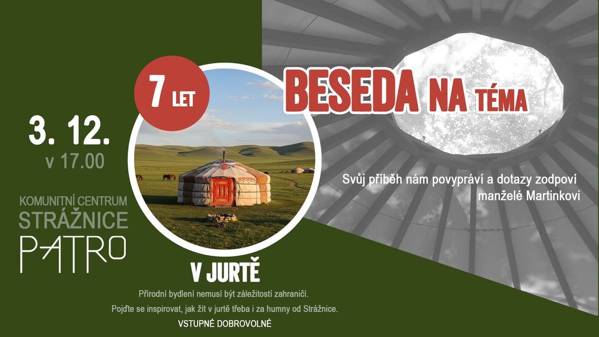Beseda 7 let v jurtě 3.12.2025 17:00, Komunitní centrum Strážnice Přírodní bydlení nemusí být záležitostí zahraničí. Pojďte se inspirovat, jak žít v jurtě třeba i za humny od Strážnice. Svůj příběh nám povypráví a dotazy zodpoví manželé Martinkovi.   Setkání s reflexní terapií 4.12.2025 15:00 Povídání Věry Štefkovičové o snadné a každému dostupné léčebné metodě, kterou si lze pomoci od napětí, bolesti i zdravotních problémů. Dozvíte se, jak tato metoda funguje a jak každý může sám působit na své zdraví pomocí reflexních bodů nejen na chodidlech.   Beseda pro mrňata 9.12.2025 10:00 V úterý 9. prosince v 10.00 proběhne v rámci Kafe Patro pro maminky v komunitním centru Beseda pro mrňata s Lenkou Tillichovou, která se inspirovala knihou Jak zvířátka našla domov. Příběh přiblíží formou divadla a také aktivit, do kterých se děti budou moci zapojit.