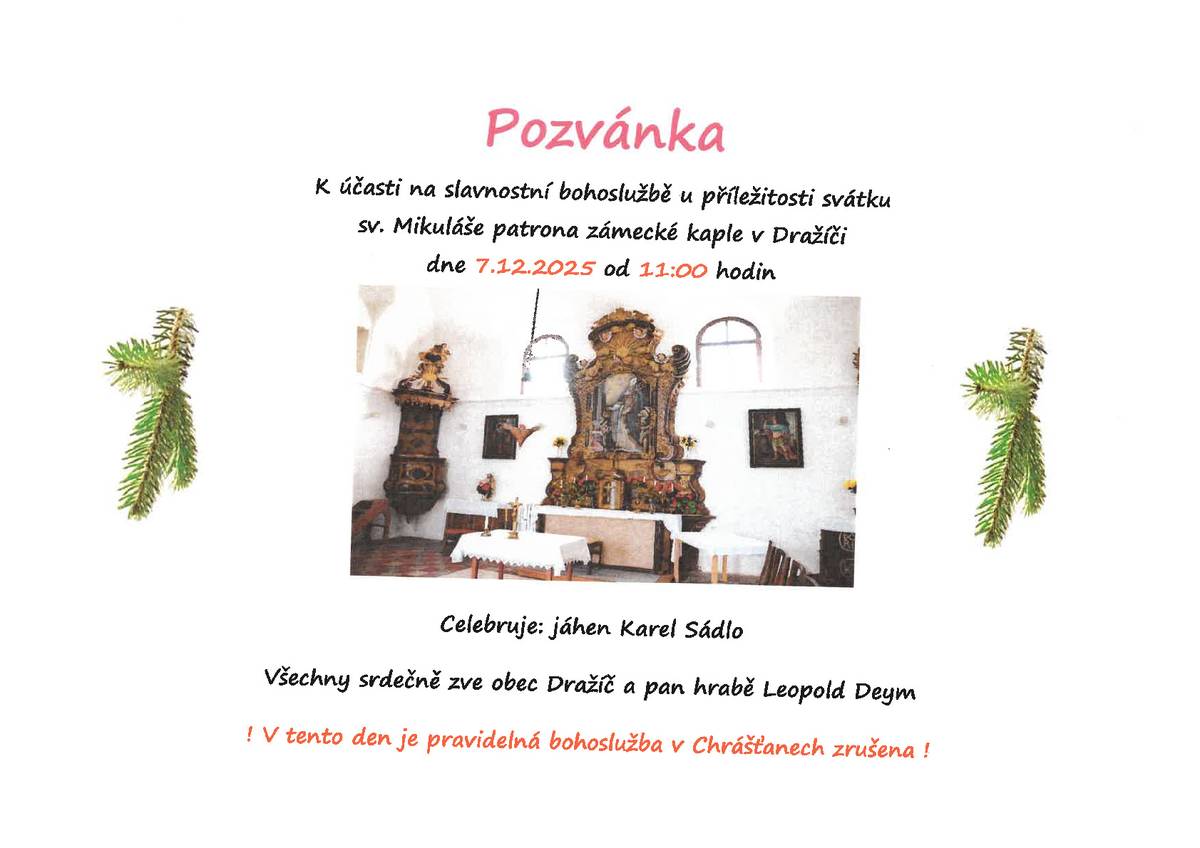 Pozvánka na slavnostní bohoslužbu v zámecké kapli v Dražíči, dne 7. 12. 2025 od 11:00 hodin. Celebruje: jáhen Karel Sádlo.