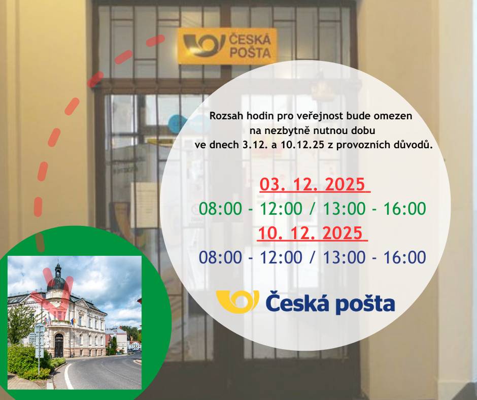 Rozsah hodin pro veřejnost bude omezen na nezbytně nutnou dobu ve dnech 3.12. a 10.12.25 z provozních důvodů.