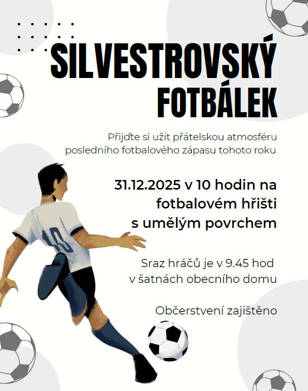 Dobrý den,  Přijďte si užít přátelskou atmosféru posledního fotbalového zápasú tohoto roku.  Kde: Fotbalové hřiště s umělým povrchem Kdy: 31.12.2025 v 10:00  Bližší informace v příloze.  Děkujeme. Obec Dolní Heřmanice