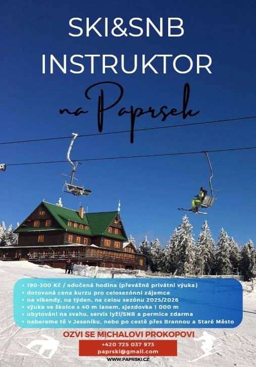 Ski areál Paprsek nabízí zimní brigádu SKI a SNB instruktora pro letošní sezónu!