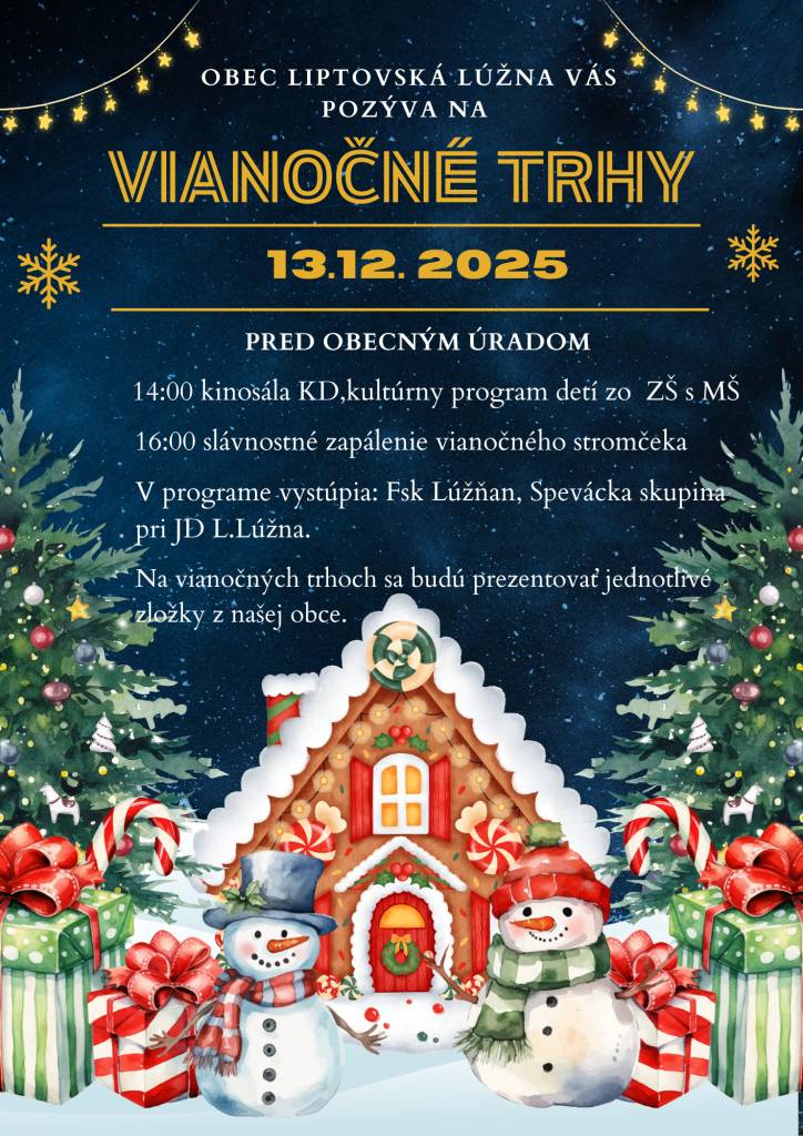 Obec Liptovská Lúžna pozýva všetkých na Vianočné trhy, ktoré sa budú konať dňa 13.12.2025