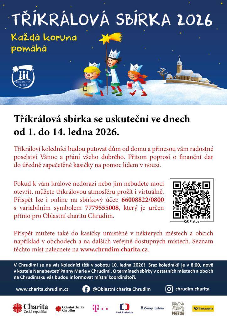 Tříkrálová sbírka se uskuteční ve dnech od 1. do 14. ledna 2026