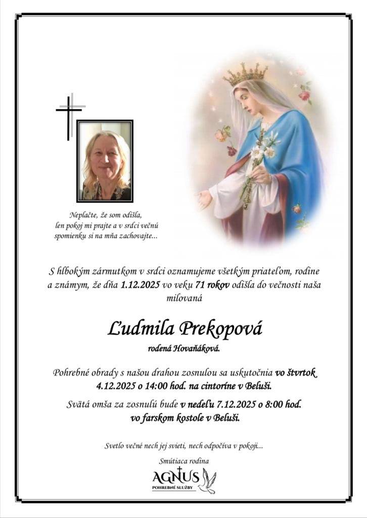 Prekopová Ľudmila, rod.Hovaňáková- december 2025
