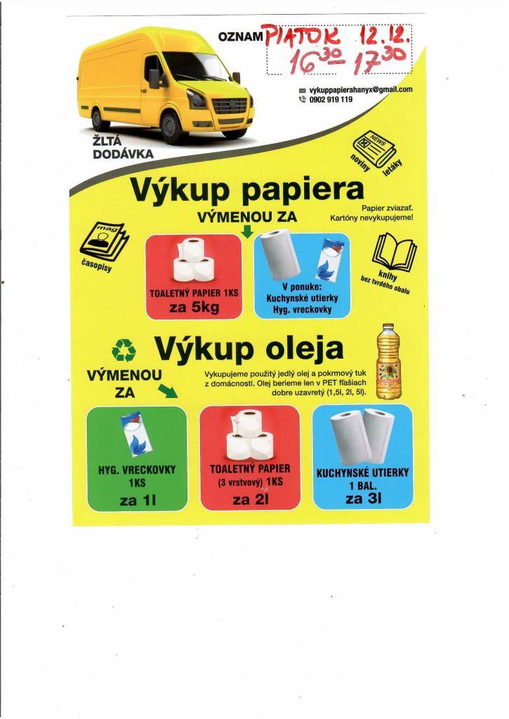 Oznamujeme občanom, že dňa 12. 12. 2025 v čase od 16:30 hod. do  17:30 hod.sa v našej obci uskutoční výkup papiera a výkup použitého oleja a pokrmového tuku z domácností.
