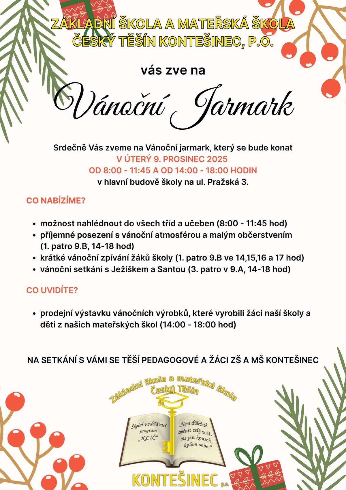 ZŠ a MŠ Kontešinec vás srdečně zve na Vánoční jarmark a dny otevřených dveří.
