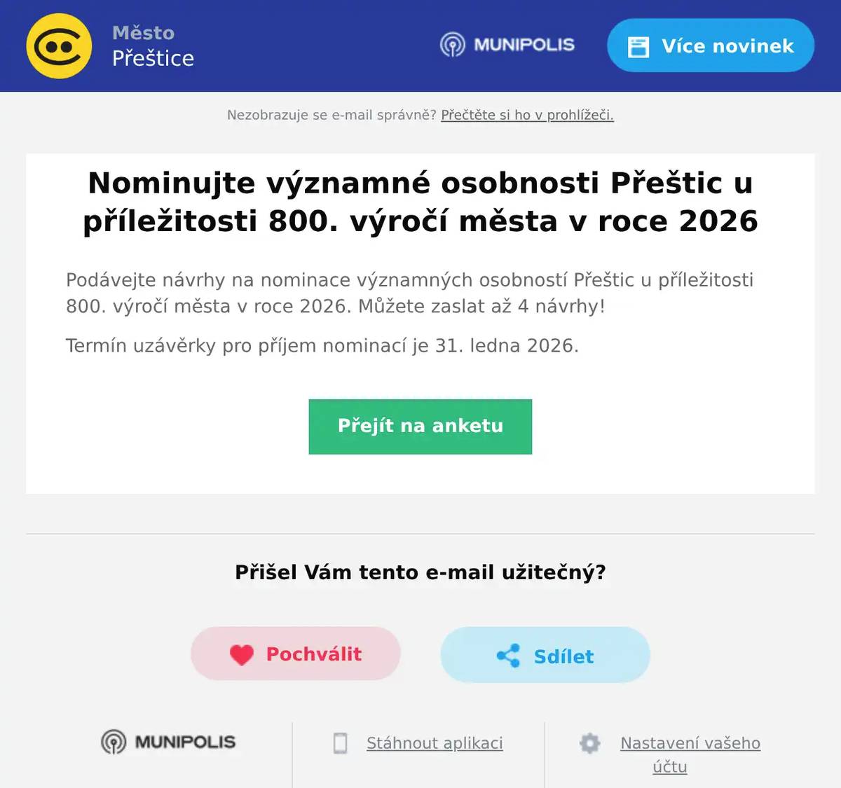 Podávejte návrhy na nominace významných osobností Přeštic u příležitosti 800. výročí města v roce 2026. Můžete zaslat až 4 návrhy! Termín uzávěrky pro příjem nominací je 31. ledna 2026.