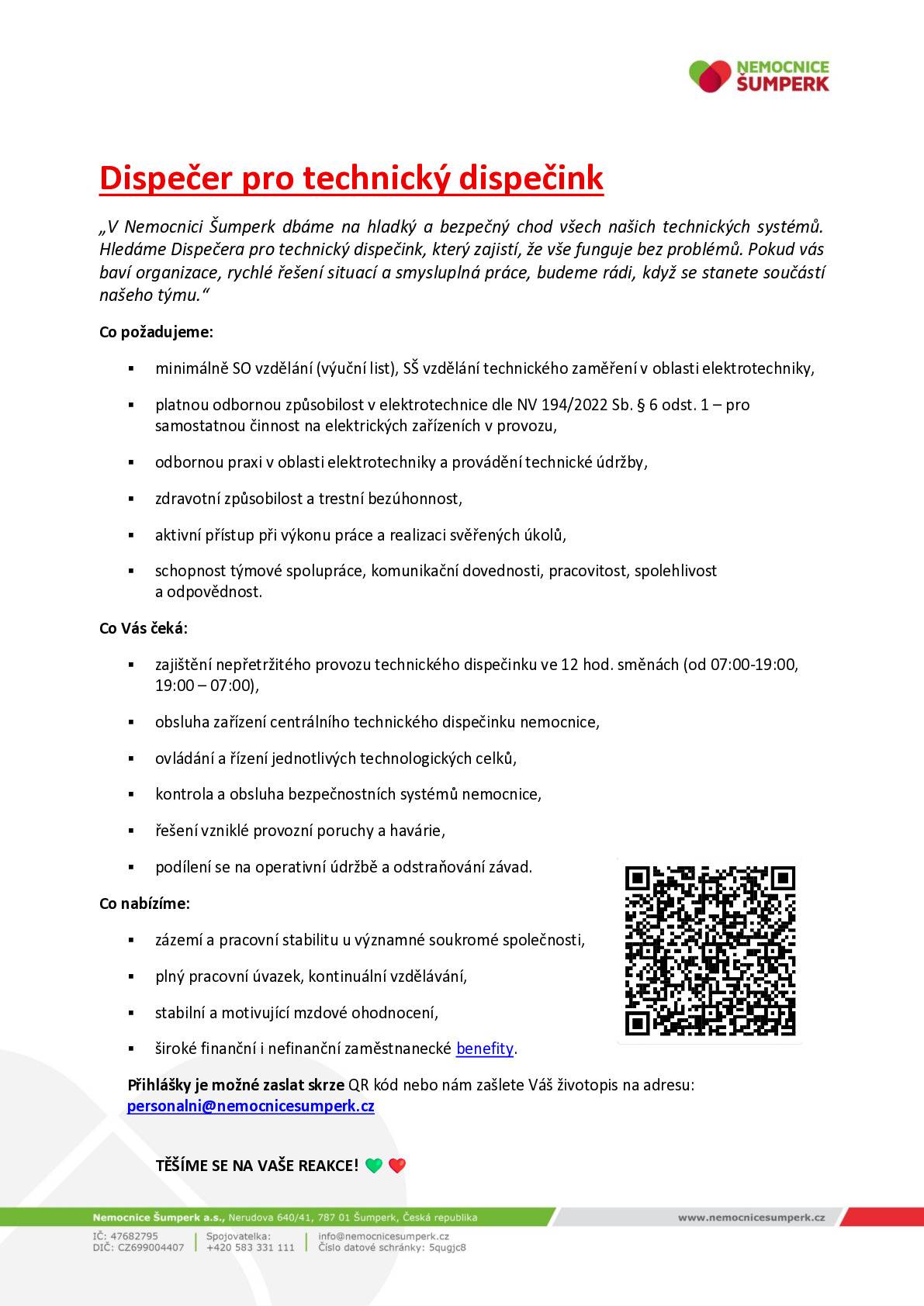 Nemocnice Šumperk hledá dispečera pro technický dispečink.
