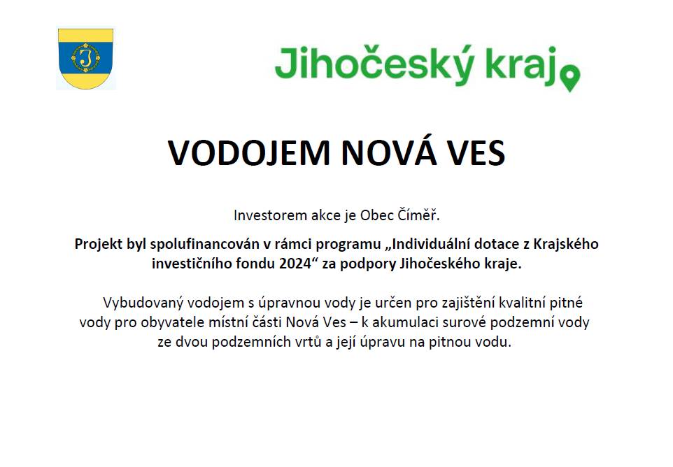 V těchto dnech byla dokončena a úspěšně zkolaudována vodárna s úpravnou vody v Nové Vsi. Projekt byl spolufinancován v rámci programu „Individuální dotace z Krajského investičního fondu 2024“ za podpory Jihočeského kraje.