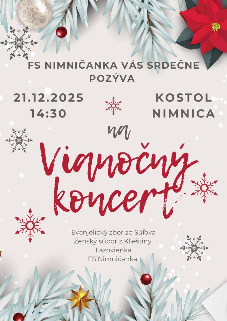 FS Nimničanka všetkých srdečne pozýva na vianočný koncert v kostole, v nedeľu 21.12.2025 od 14:30 hod.