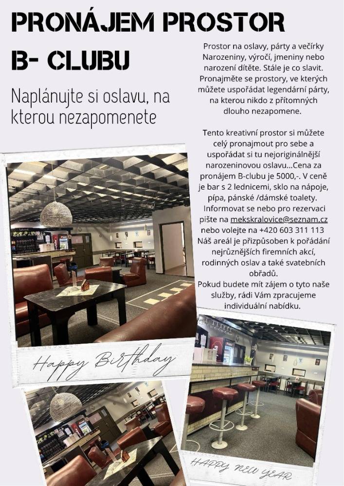 Informace o možnosti pronájmu B Clubu v LD Kralovice