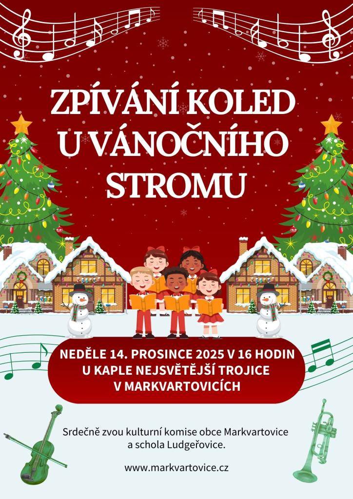 Srdečně vás zveme na společné zpívání vánočních koled u kaple Nejsvětější Trojice, kde společně prožijeme příjemnou adventní atmosféru plnou světýlek, hudby a pohody.   Přijďte si zazpívat své oblíbené koledy, potkat se s přáteli a naladit se na blížící se Vánoce.