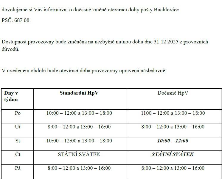 - ve středu 31.12.2025 otevřeno od 10:00 do 12:00 hod