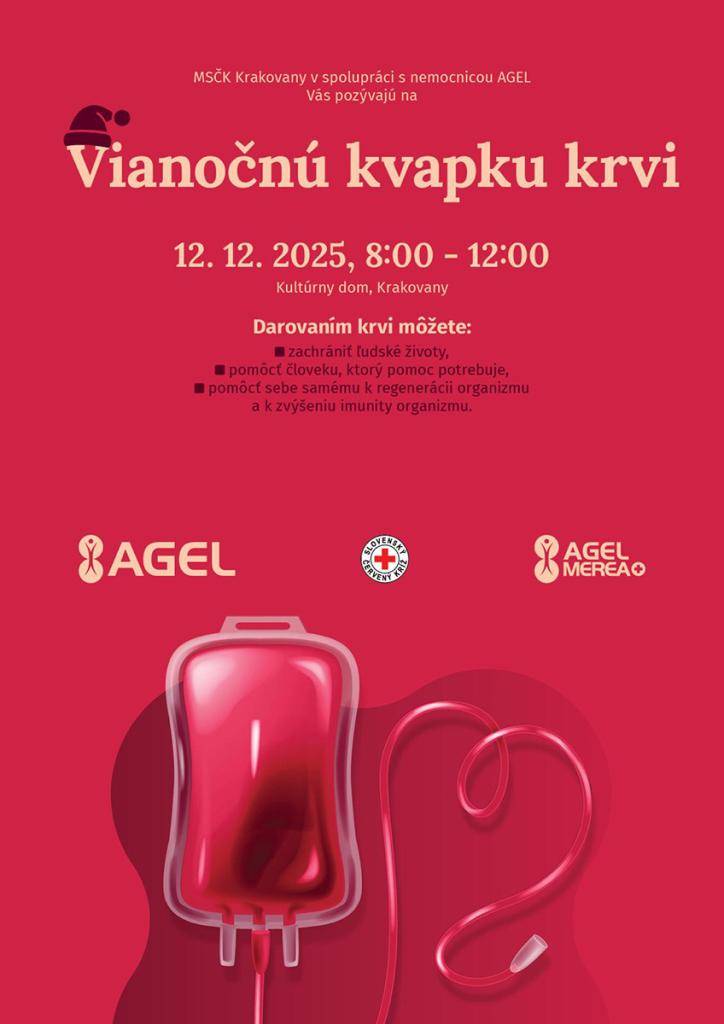 MsSČK Krakovany pozýva všetkých, ktorí sú ochotní darovať kúsok seba v prospech zdravia iných – darovať krv na 20. ročník VIANOČNEJ KVAPKY KRVI, ktorá sa uskutoční v piatok 12.12.2025 od 8:00 hod. v KD Krakovany. Pripravené je občerstvenie.