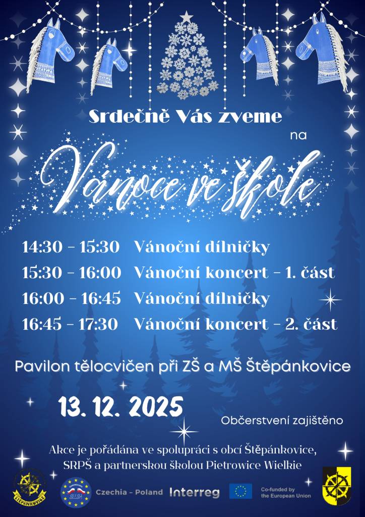 Srdečně Vás zveme na "Vánoce ve škole", které se konají dne 13.12.2025 od 14:30 v prostorách tělocvičen ZŠ. Více o programu na plakátě.