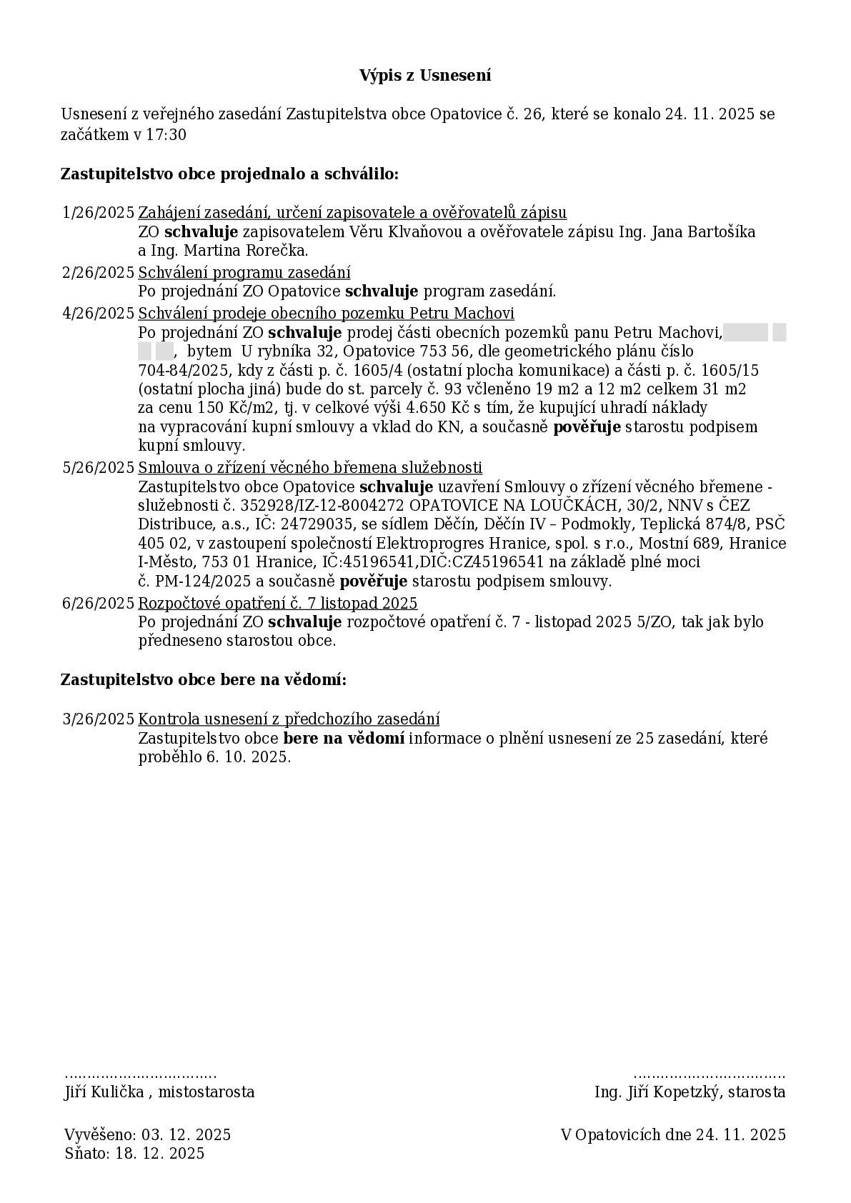 Usnesení ze Zastupitelstva obce č. 26