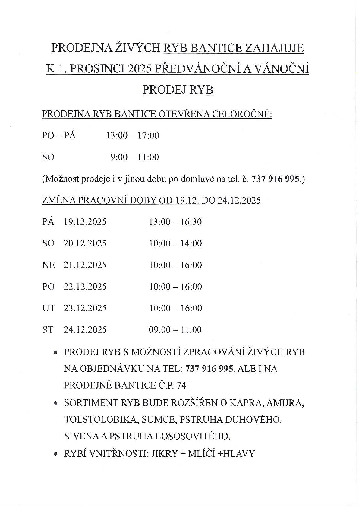 Zahajuje k 12. prosinci 2025 PŘEDVÁNOČNÍ a VÁNOČNÍ PRODEJ RYB