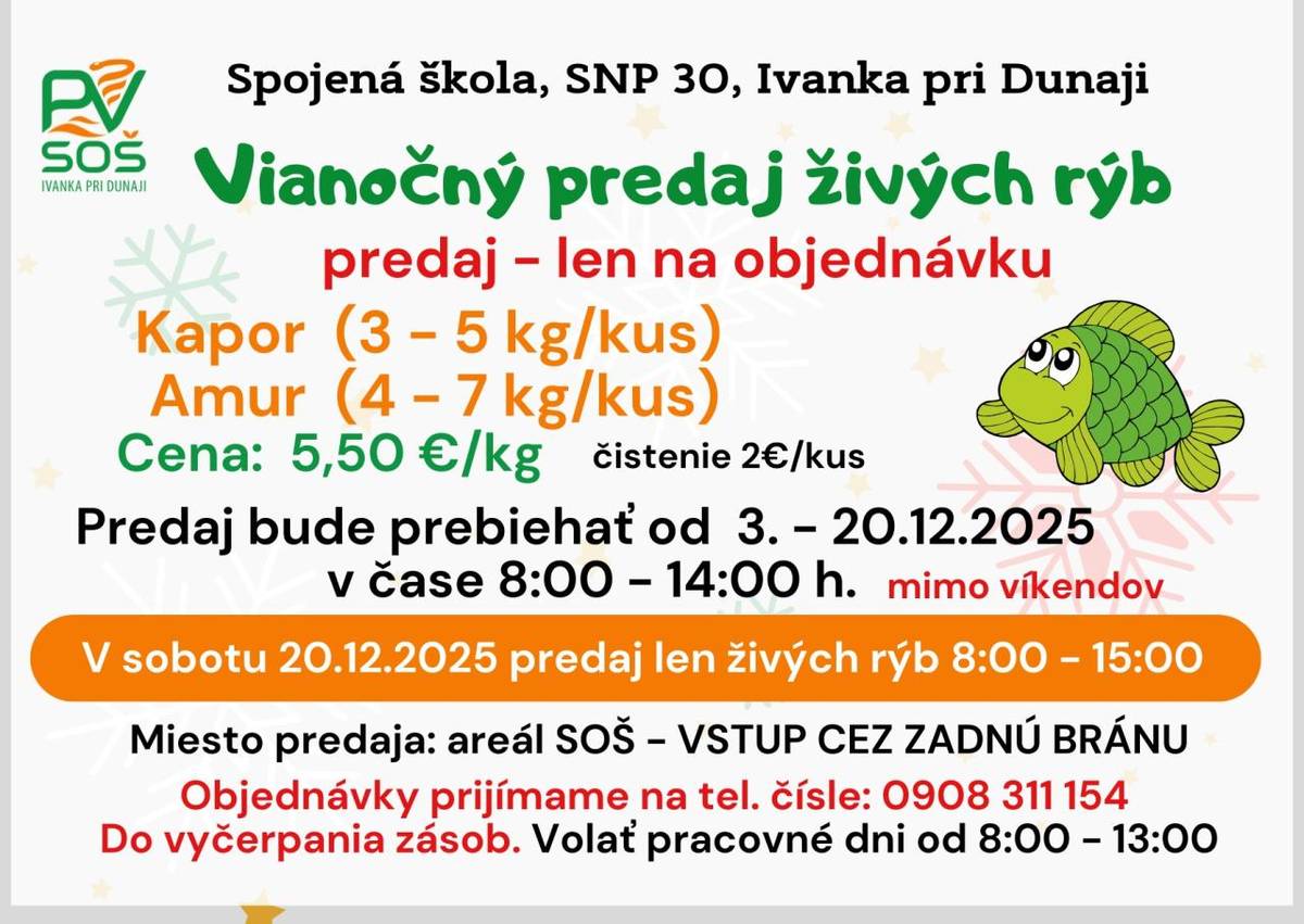 Vianočný predaj živých rýb - LEN NA OBJEDNÁVKU