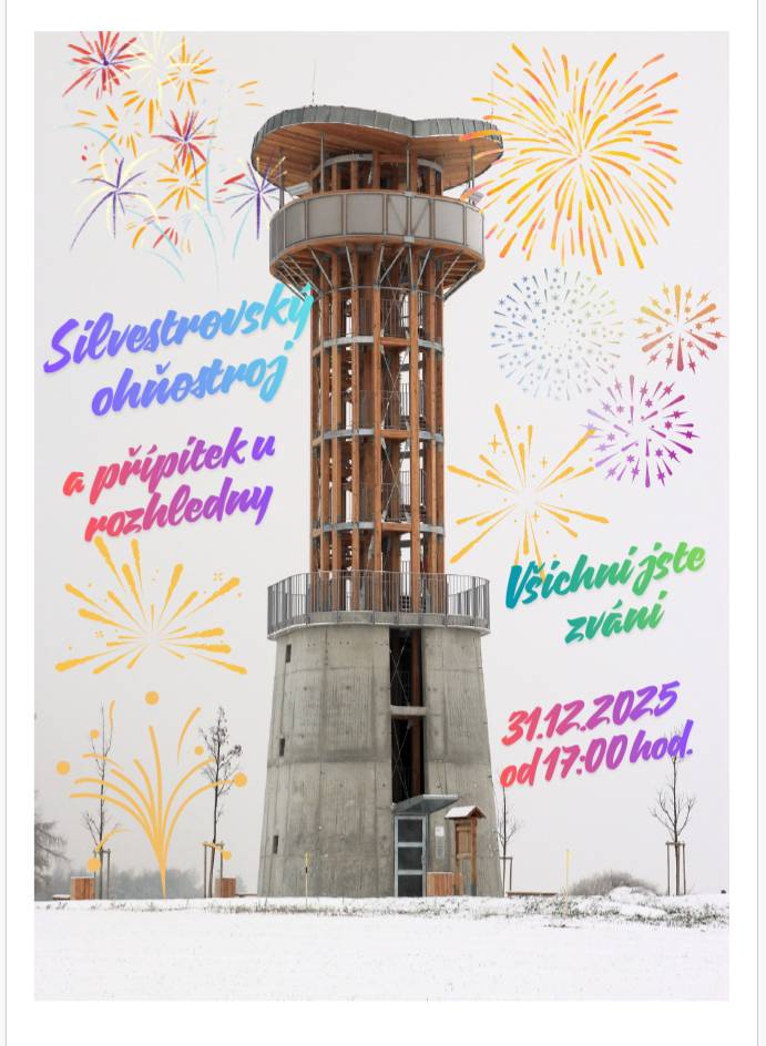 Na základě novely zákona o pyrotechnice, která vstoupila v platnost 1. prosince 2025, nebude ohňostroj v letošním roce odpalován u kostela. Přípitek pro občany bude připraven u rozhledny a ohňostroj odpálen na letišti leteckých modelářů. Začátek akce 31.12.2025 v 17:00. Zváni jsou všichni občané.