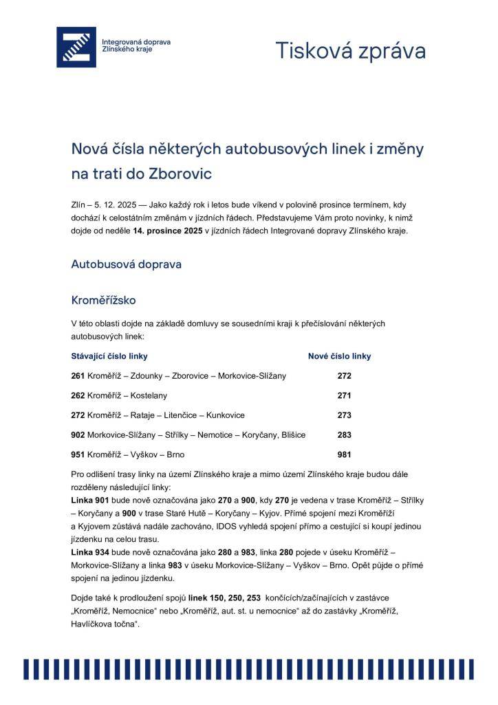 Změny v jízdních řádech integrované dopravy Zlínského kraje, k nimž dojde od neděle 14. prosince 2025.