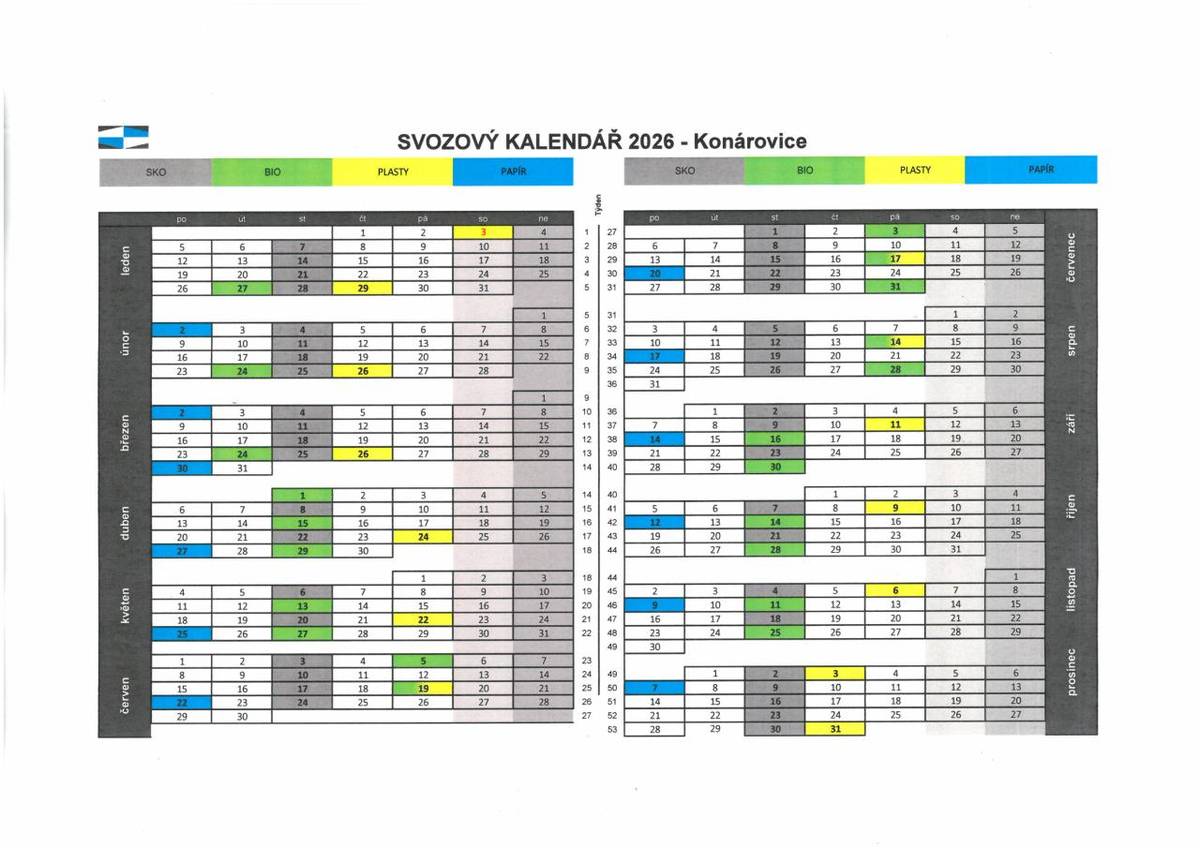 Svozový kalendář na rok 2026