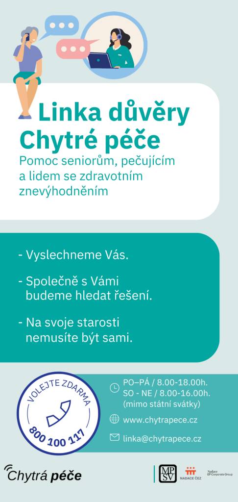 Chytrá péče se zaměřuje na podporu seniorů a jejich pečovatelů, stejně jako lidí se zdravotním znevýhodněním. Naše linka důvěry je tu pro Vás, abychom vyslechli Vaše starosti a pomohli Vám najít vhodná řešení. S námi můžete sdílet své obavy a nejste na to sami.