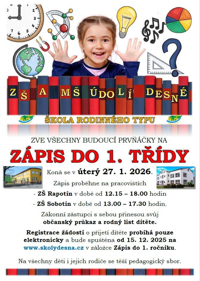 Zápis do1.třídy proběhne dne 27.ledna 2026:  > ZŠ Rapotín - 12.15 - 18.00 hodin  > ZŠ Sobotín - 13.00 - 17.30 hodin  Registrace žádostí probíhá pouze elektronicky a bude spuštěn od 15.12.2025 na www.skolydesna.cz/Zápis do 1.ročníku