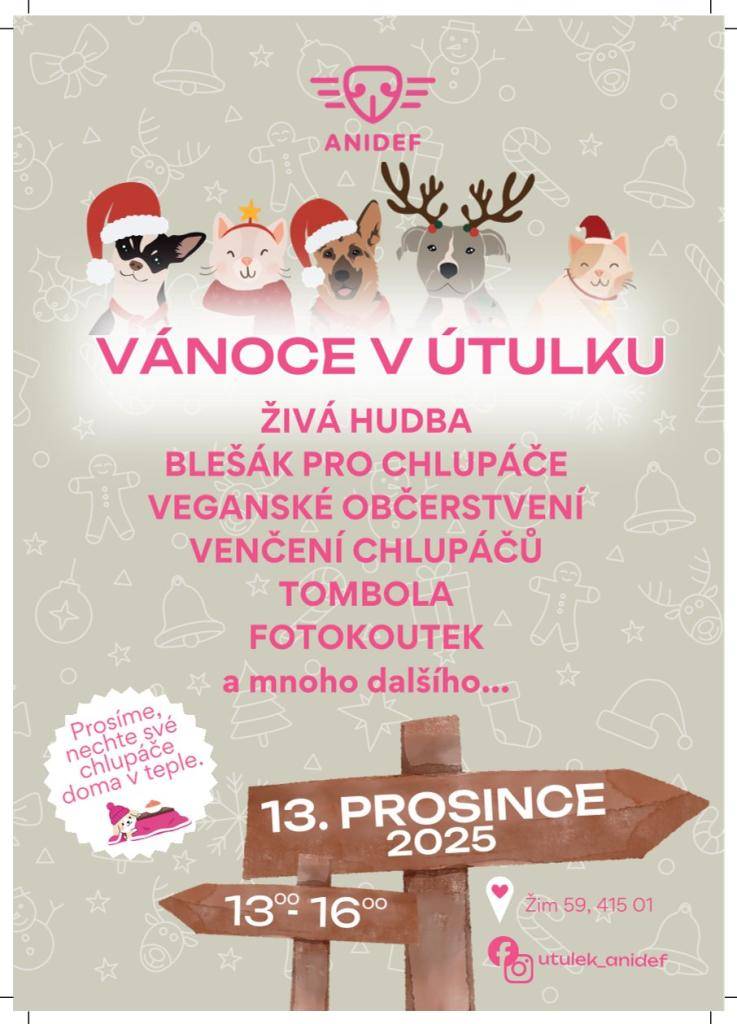 13. prosince 2025 od 13:00 do 16:00 se konají Vánoce v útulku AniDef, z.s.