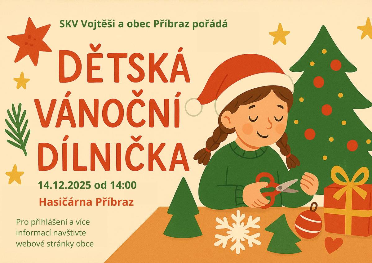 Přijďte si užít pohodové odpoledne plné vánoční atmosféry a tvoření! V neděli 14. prosince 2025 od 14:00 se v hasičárně uskuteční dětská vánoční dílnička. Je zajištěn veškerý materiál na tvorbu , a to v široké nabídce barev – červená, zlatá, stříbrná, fialová i přírodní materiály. Pokud chcete, můžete si přinést i vlastní dekorace, které vás potěší. Součástí akce bude také občerstvení. Na dílnu je nutné se předem přihlásit – vypněním tohoto formuláře, nebo osobně u starosty během úředních hodin.