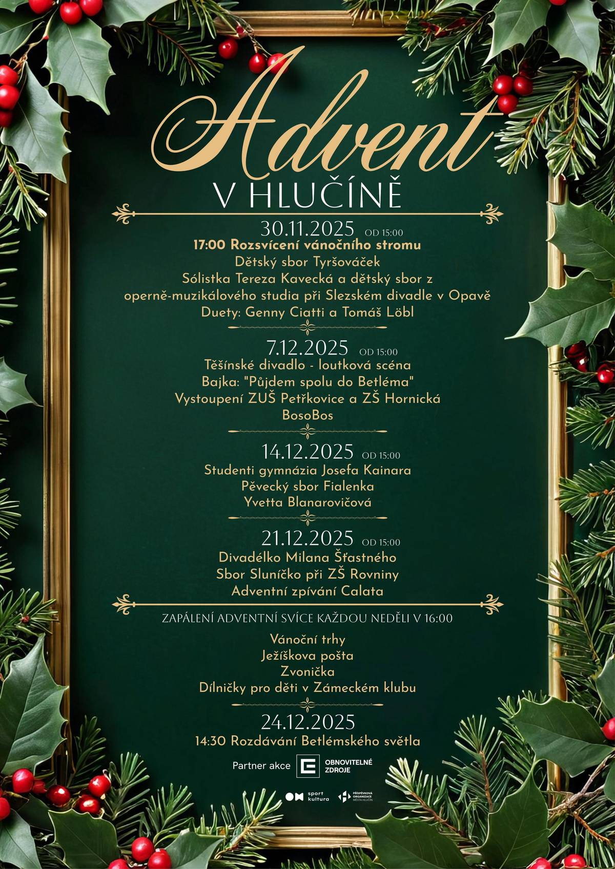 S radostí vás zveme na Vánoční kulturní odpoledne, které se uskuteční v neděli 7. prosince. Nabitý odpolední program bude realizován díky významné finanční podpoře společnosti ČEZ Obnovitelné zdroje.   Díky této pomoci můžeme zajistit, že se akce uskuteční ve vysoké kvalitě a bude zdarma pro všechny naše občany a návštěvníky. Společnost ČEZ Obnovitelné zdroje tímto gestem projevuje svůj zájem o rozvoj komunit a podporu společenského života v naší lokalitě. Je potěšující vidět, že energie získaná z čistých zdrojů se vrací zpět do komunity formou takovýchto krásných událostí. Děkujeme! Přijďte se s námi naladit na Vánoce! Těšíme se na Vás 7. prosince 2025 od 15 hodin na Mírovém náměstí! #ČEZOBNOVITELNEZDROJE #HLUCIN #VANOCNIKULTURNIODPOLEDNE