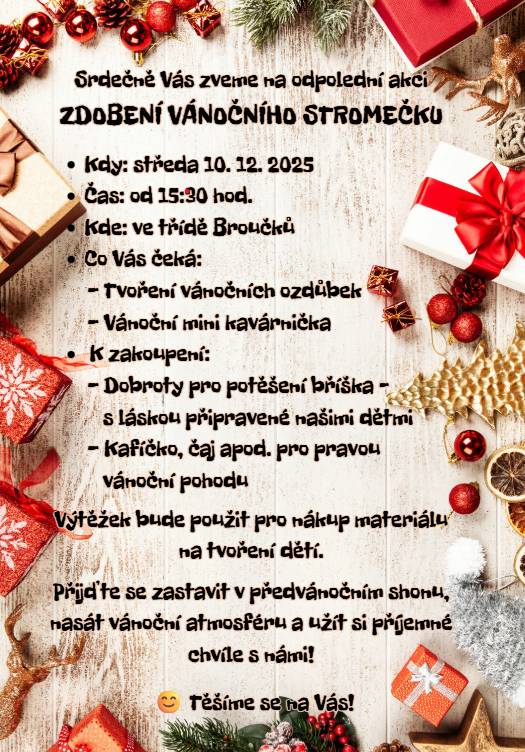 Srdečně Vás zveme na Zdobení vánočního stromečku v MŠ Habrová, které se koná ve středu 10. prosince 2025 od 15:30 hodin. Tato událost slibuje příjemné setkání a kreativní aktivity pro všechny zúčastněné.