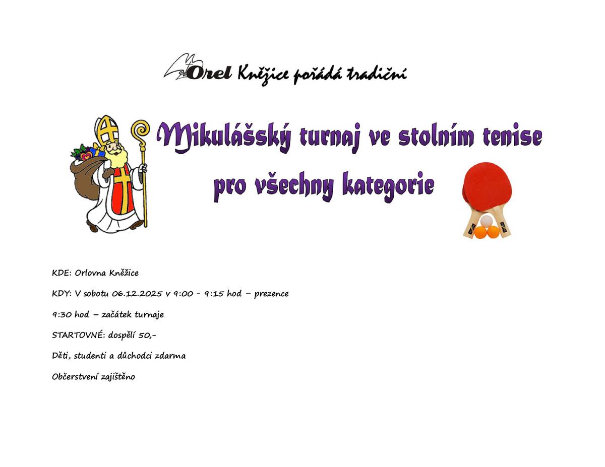 Orel Kněžice srdečně zve v sobotu 6.12. od 9.30 h. do orlovny v Kněžicích na tradiční Mikulášský turnaj ve stolním tenise pro všechny věkové kategorie.  Prezence bude od 9 do 9.15 h. Startovné pro dospělé 50,- Kč, děti studenti a důchodci zdarma.  Občerstvení zajištěno.