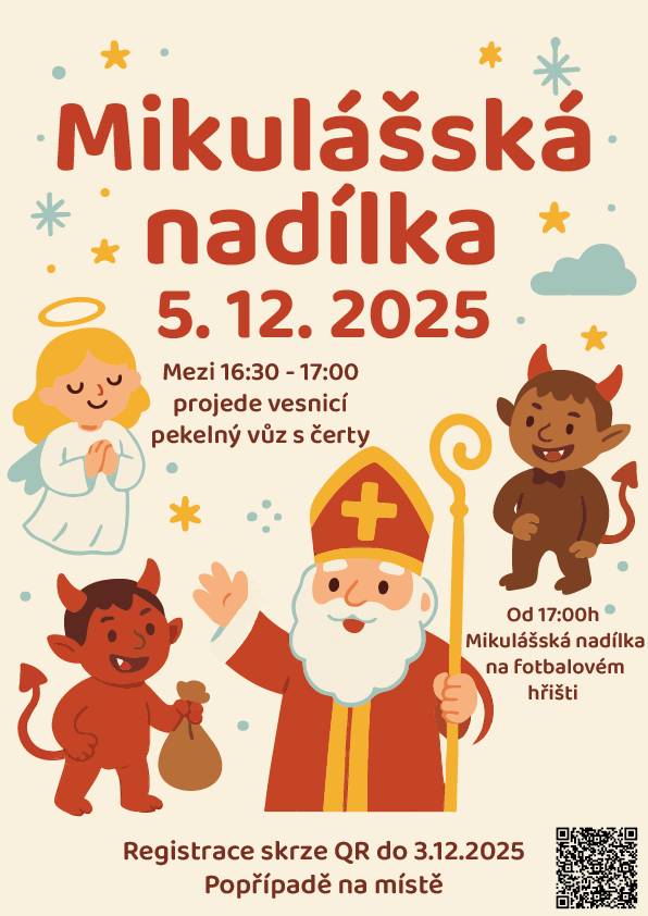 Vážené hříšnice, vážení hříšníci, z důvodu nepříznivého počasí dnes vesnicí neprojede pekelný vůz. Peklo se v žádném případě neruší, jen se přesune pod střechu na hřiště, kde bude i Mikuláš a andělé.  Akce začíná v 17:00 na fotbalovém hřišti. Spolek Klasy