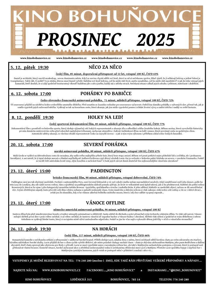 Kino Bohuňovice připravilo pestrý program na prosinec 2025.